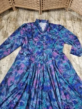 Vintage Drop Waist Day Dress Size UK 24 1980’s Blue Green Purple Puff Shoulder