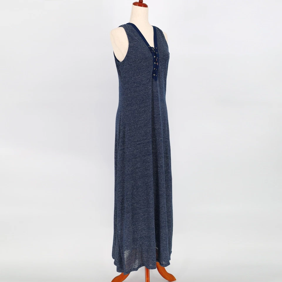 Vestido maxi Lauren Ralph Lauren feminino listrado azul marinho linho malha com cadarço tamanho P - Imagem 2 de 4