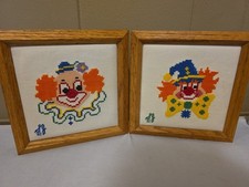 2 Vintage Needlepoint Clowns 9"x9" Artist Signed 1982 Excellent Condition