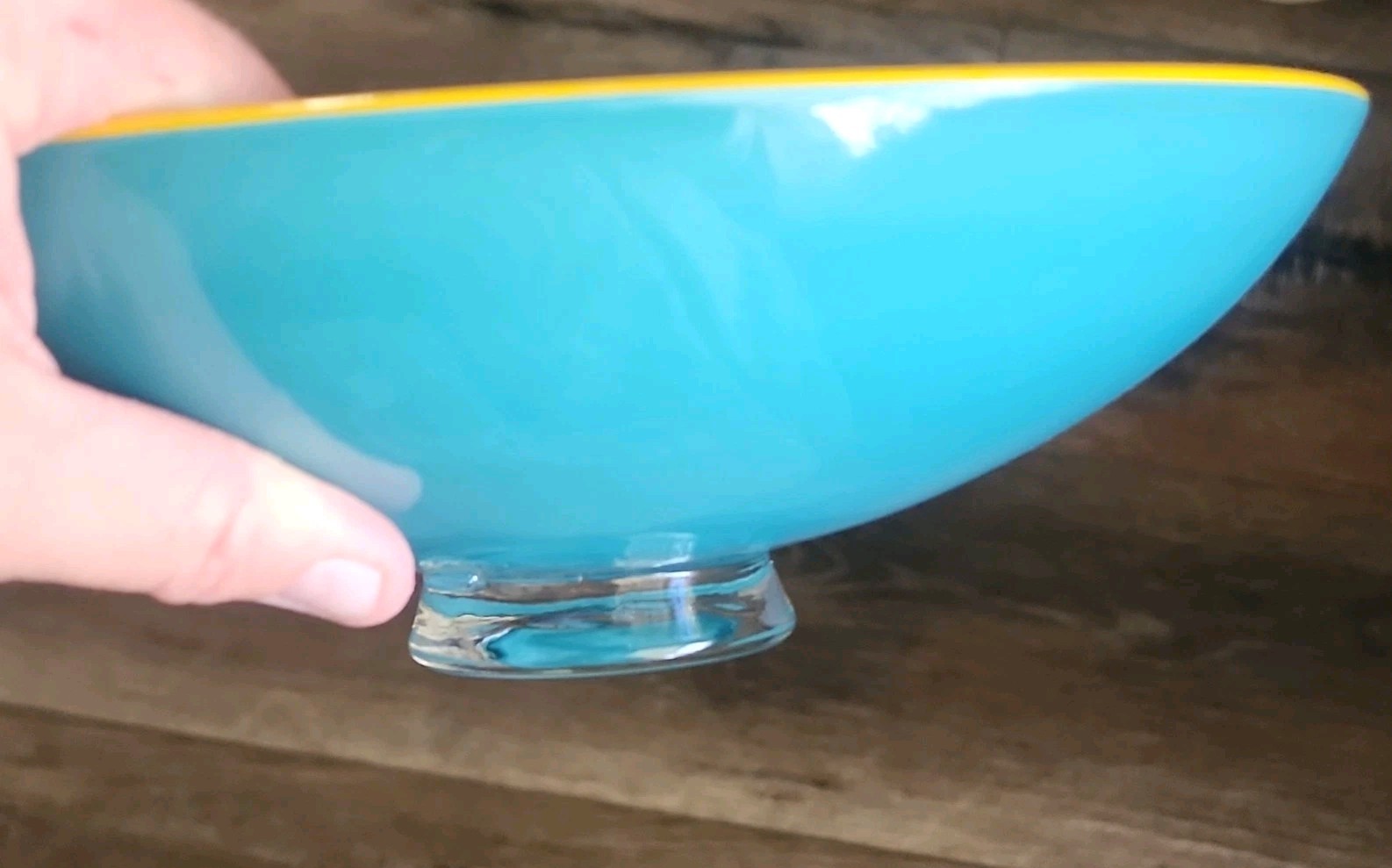 Signed Blue Art Glass Bowl Yellow Rim Hand Blown Glossy Finish 2002 like Kekic