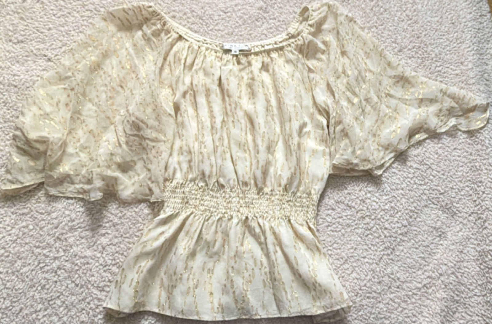 Trina Turk Ivory/Gold Silk Metallic Off Shoulder Peplum Short Sleeve Blouse S