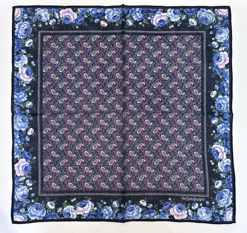 WOMEN HANDKERCHIEF YSL FLORAL PAISLEY Blue Black COTTON POCKET SQUARE 18” - Picture 6 of 6