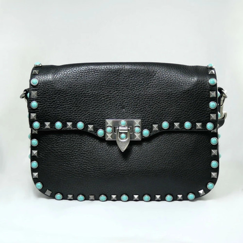 Valentino Garavani Turquoise Studded Leather Shoulder Bag Black with Dust Bag