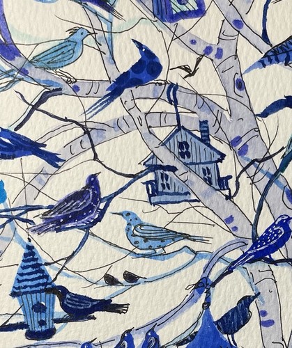 Pamela Wilhelm Original Aquarell 8,3”x5,8” blau Lebensbaum Vögel Vogelhäuser - Bild 4 von 4
