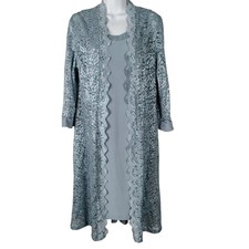 R M Richards Slate Blue Sequin Lace Jacket duster Dress Set 6 wedding romantic