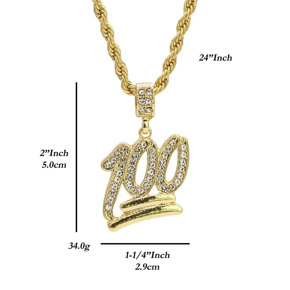 Colgante "100" tono oro 14k helado con piedras circonita + cadena de cuerda de 24" - Hip Hop Bling Foto 4 de 4