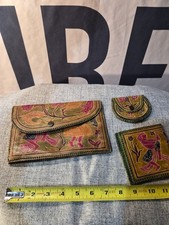 Vintage 60s 70s XS Handmade Tooled Clutch Bag Handbag Coin Purse Wallet Set NOS