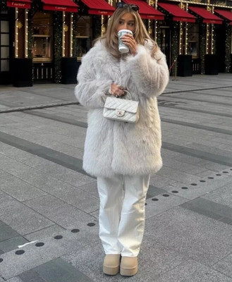 ZARA NEW WOMAN FAUX FUR COAT ECRU SIZE S 6318/242