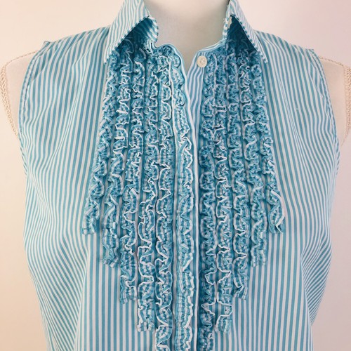 Ralph Lauren Aqua Striped Ruffled Top Button Front Sleeveless Sz 6 - Picture 7 of 12