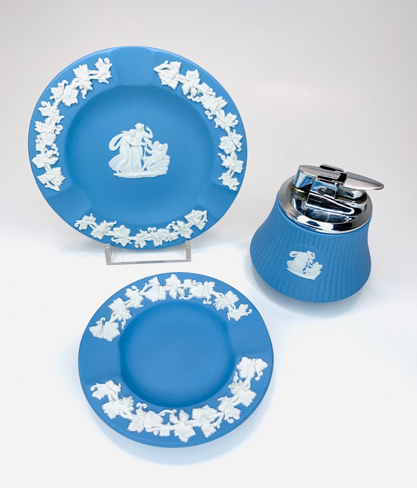Wedgwood Jasperware Blue Cupid Asleep Lighter & Ashtrays; 3 PC CIGARETTE SET VTG