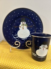 Vintage 1997 Denise S. Harvey Enamel Cobalt Blue Snowman Plate & Cup Christmas