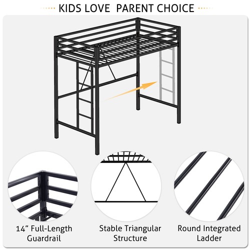 Metal Twin Loft Bed Frame with Removable Flat Ladder & Safety Guardrail, Black - Picture 5 of 10