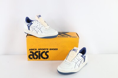 NOS Vintage 90s Asics Mens 6.5 Spell Out Outrage Lo Sneakers Shoes White Blue