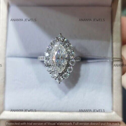 14K White Gold Plated 4 CT Marquise Cut Lab-Created Diamond Halo Engagement Ring - Picture 9 of 9