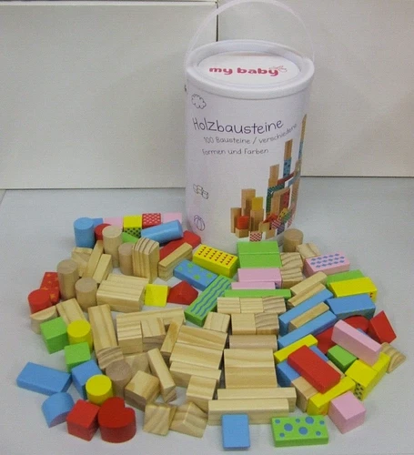 Ab 12 Monate 100 bunte Holzbausteine verschiedene Formen und Farben Holz Tonne