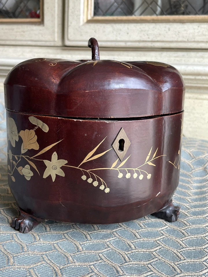 RARO Oriental China Laca Chinesa Melão Chá Caddy Baú Esculpido Pés de Dragão ATQ - Imagem 2 de 4