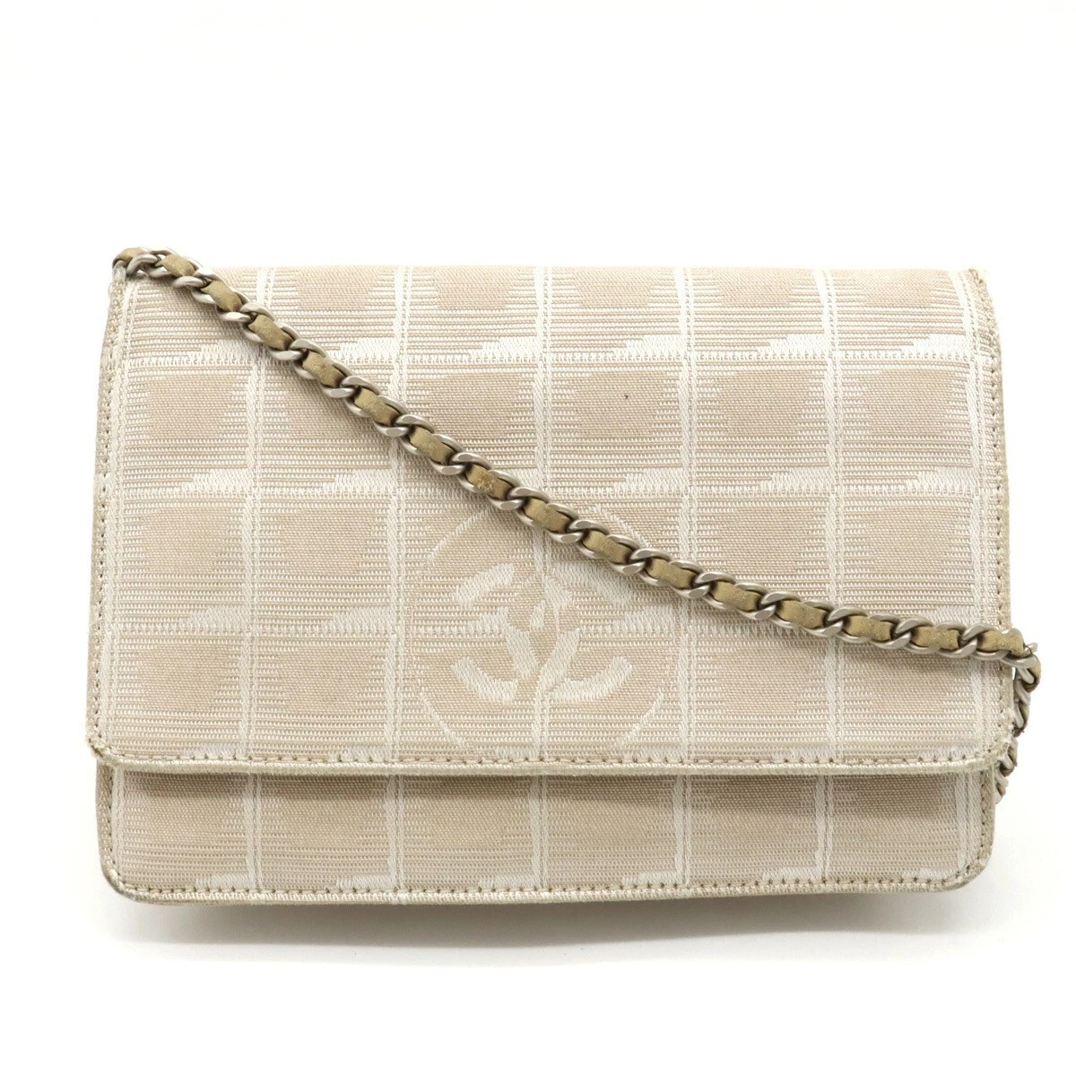 CHANEL New Travel Line Chain Shoulder Bag Wallet Pochette Nylon Jacquard  Beige