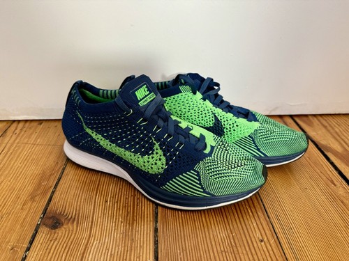 Nike Flyknit Racer Seahawks Brave Blue Poison Green EUC 6.5M 8W 6UK 39EU  - Picture 1 of 9