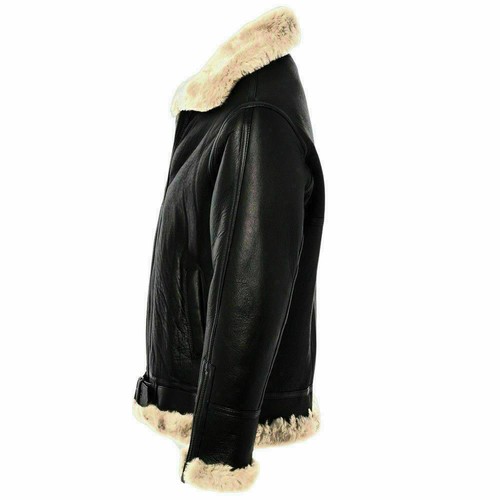 Mens Black Leather Jacket Genuine Sheepskin Aviator Fur B3 Bomber - Picture 2 of 4