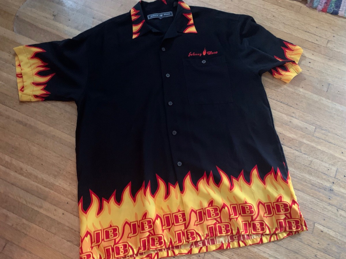 Johnny Blaze mens XL black short sleeve button front shirt flames