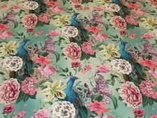 Floral Printed Velvet Fabric PEACOCK BLOSSOM DUCK EGG Curtain Cushion Lampshades