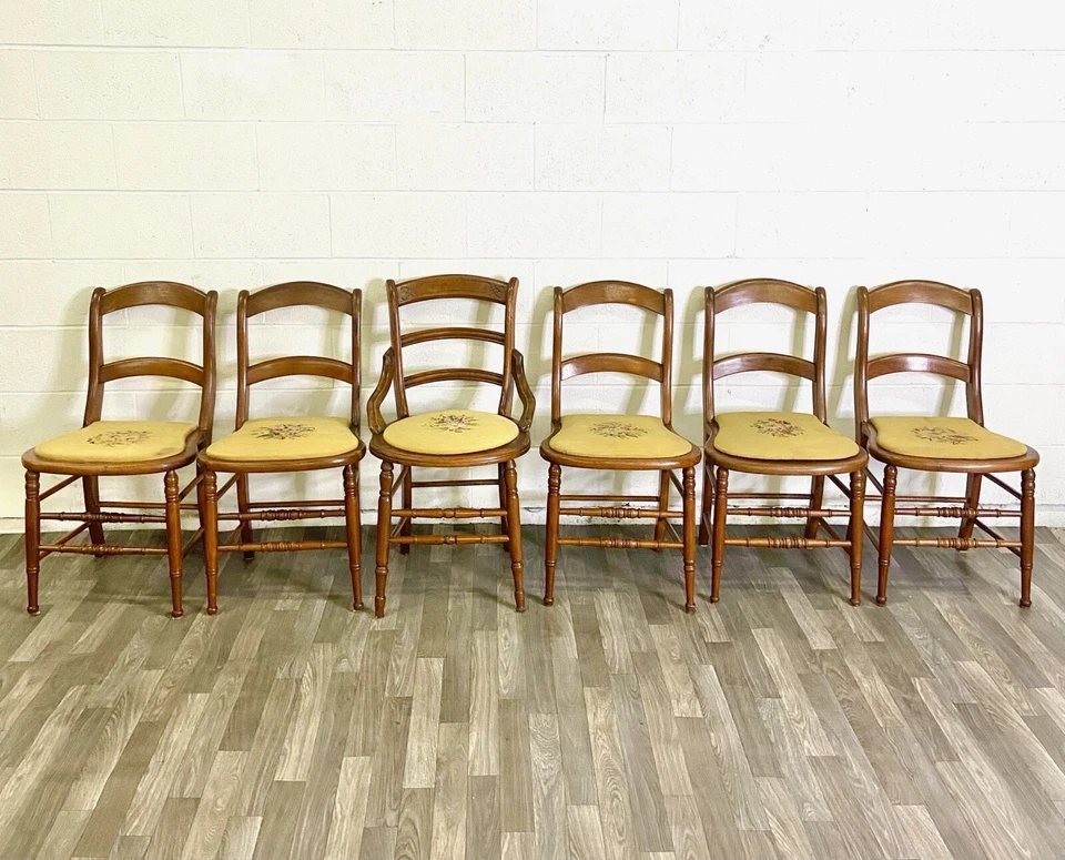 Антикварные стулья с лестничной спинкой середины 19 века из орехового дерева - набор из 6 - Изображение 3 из 4