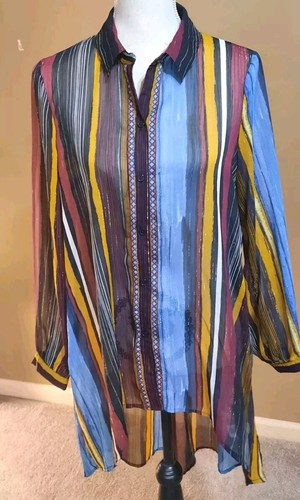 Womens Blouse Med Stripes Long Sleeve Top Cover Up Buttons Light Weight Colorful - Picture 2 of 15
