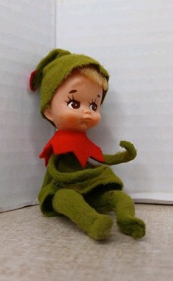 Vintage Green MCM Christmas Blonde Boy Elf Pixie Shelf Sitter Sweet Face