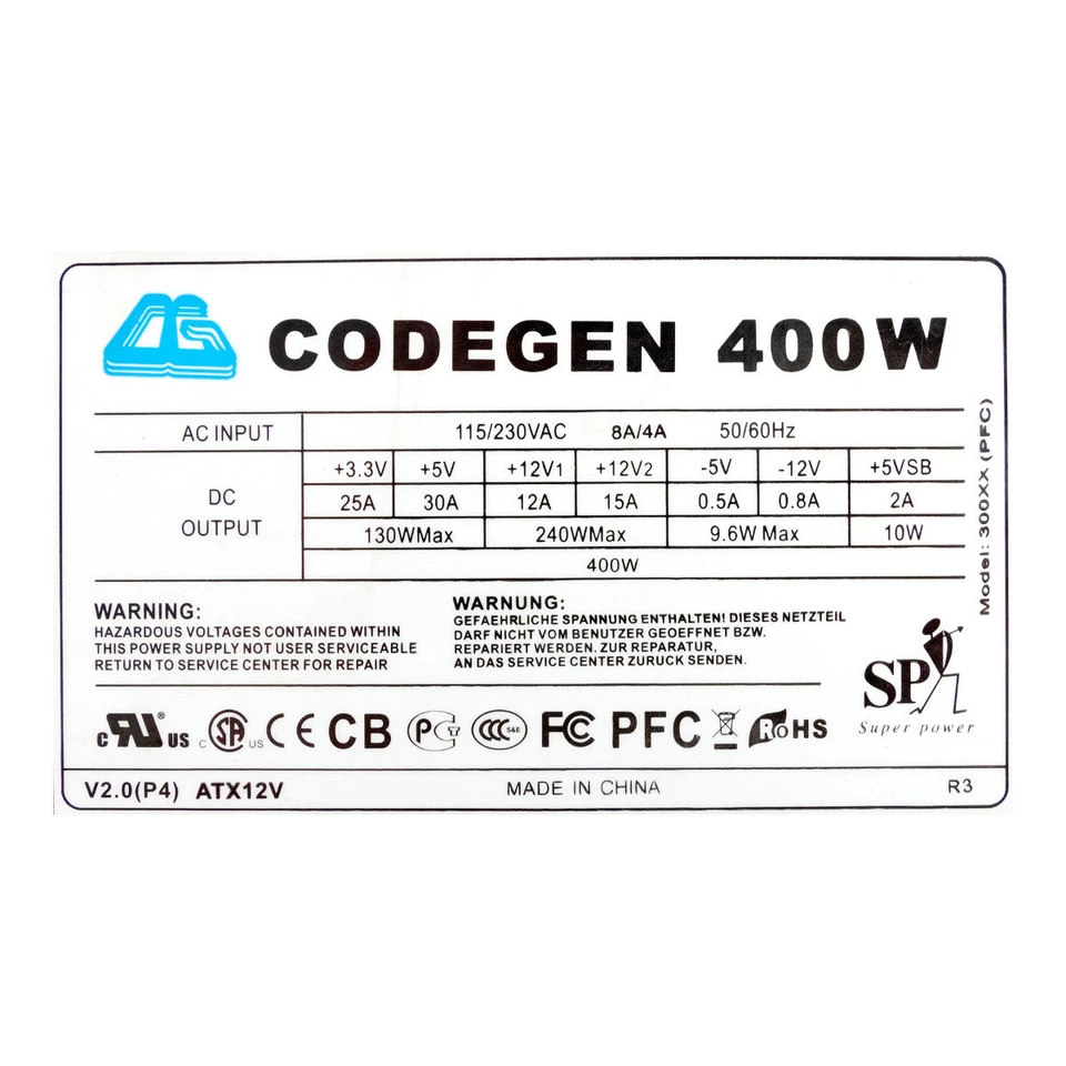 Alimentatore CODEGEN 300XX (PFC) 400W ATX 20+4-PIN SATA MOLEX FDD ATX12V - Immagine 3 di 3