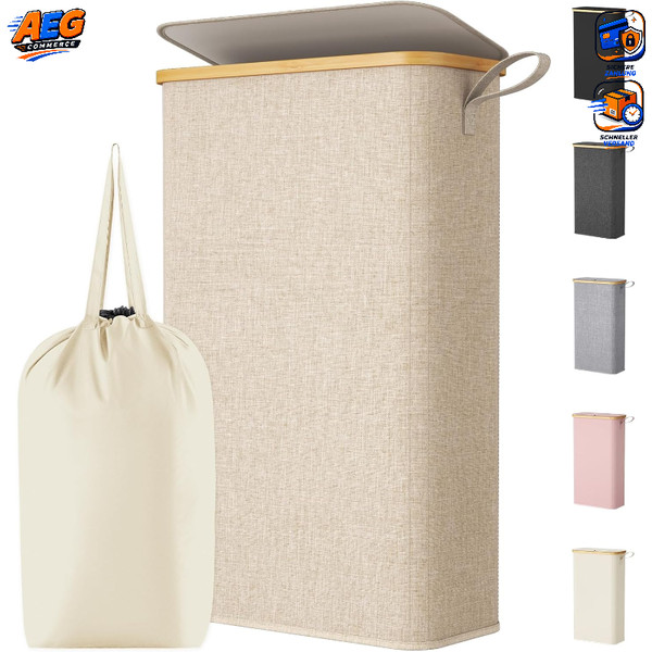 WäSchekorb 70L Faltbar Mit Deckel Bambus WäSchesammler Beige FüR Apartment-image