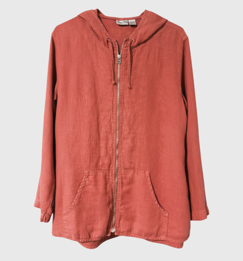 CHICO'S Slub Linen Jacket HOODIE FULL ZIP POCKETS Shirt Top EARTHY CORAL sz XL/3