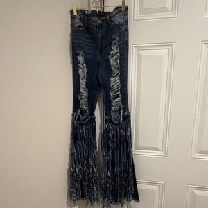Women’s Blue Dark Wash Distressed Fringe Flared High Rise Denim Jeans 30