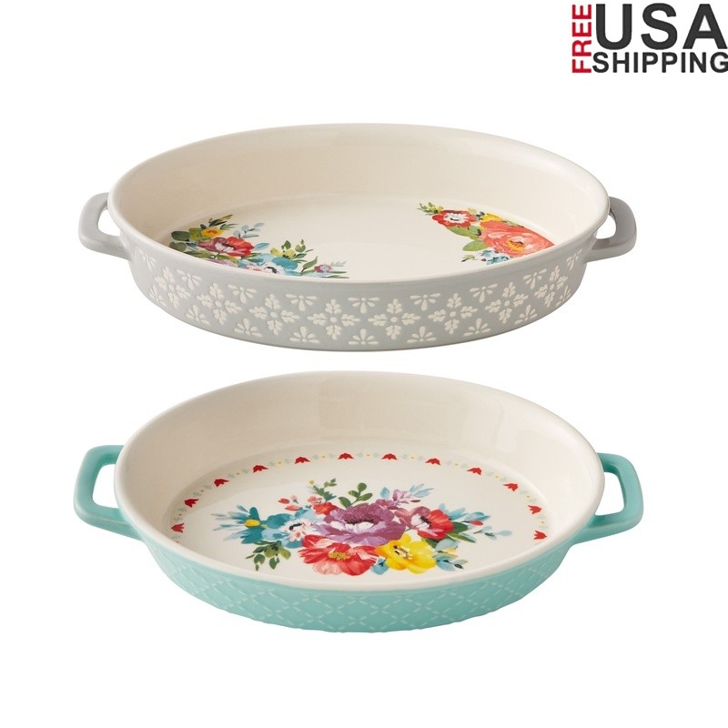 Sweet Romance Blossoms 2Piece Ceramic Baking Dish Set Oval Stoneware Cookware US