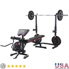 Adjustable Olympic Workout Bench with Squat Rack Leg Extension Preacher Curl