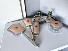Vintage Art Deco Dressing Table Set - 6 Piece Pink Guilloche Enamel Style Vanity