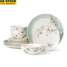 12 Piece Dinnerware Set Porcelain Service 4 Dishwasher Microwave Safe Botanical