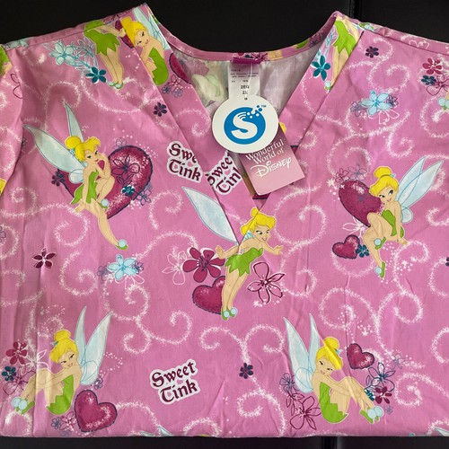 Disney Womens Scrub Top Size 2XL Sweet Tink Pink Short Sleeve 4 Pockets