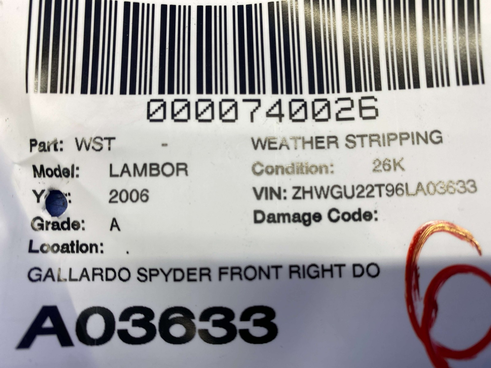 2006 Lamborghini Gallardo Oem FRONT RIGHT DOOR WEATHER STRIP SEAL 407831708R