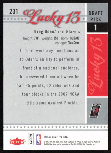 2007-08 Ultra Greg Oden #231 Rookie Portland Trail Blazers - Picture 2 of 2
