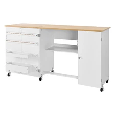 Folding Sewing Table with Cabinet, Charging Station, Storage Trays & Shelf, Mult