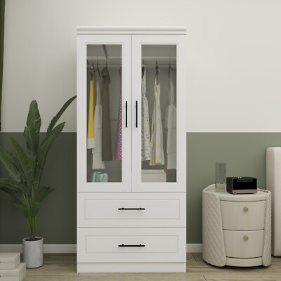 Wooden Wardrobe Closet Armoire, Closet Organizers 2-Doors and 2 Drawers,White