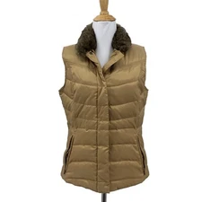 Eddie Bauer Goose Down Vest Jacket Women S Tan Faux Fur Collar Full Zip Quilted