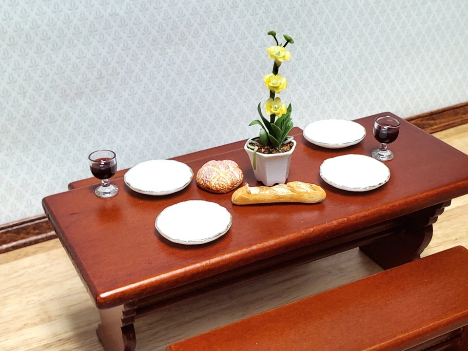 Dollhouse Trestle Table with 2 Benches Tudor Gothic 1:12 Scale Miniature Wood - Image 4 of 4