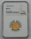 1925-D GOLD Indian Head $2.50 Quarter Eagle CERTIFIED NGC MS 62