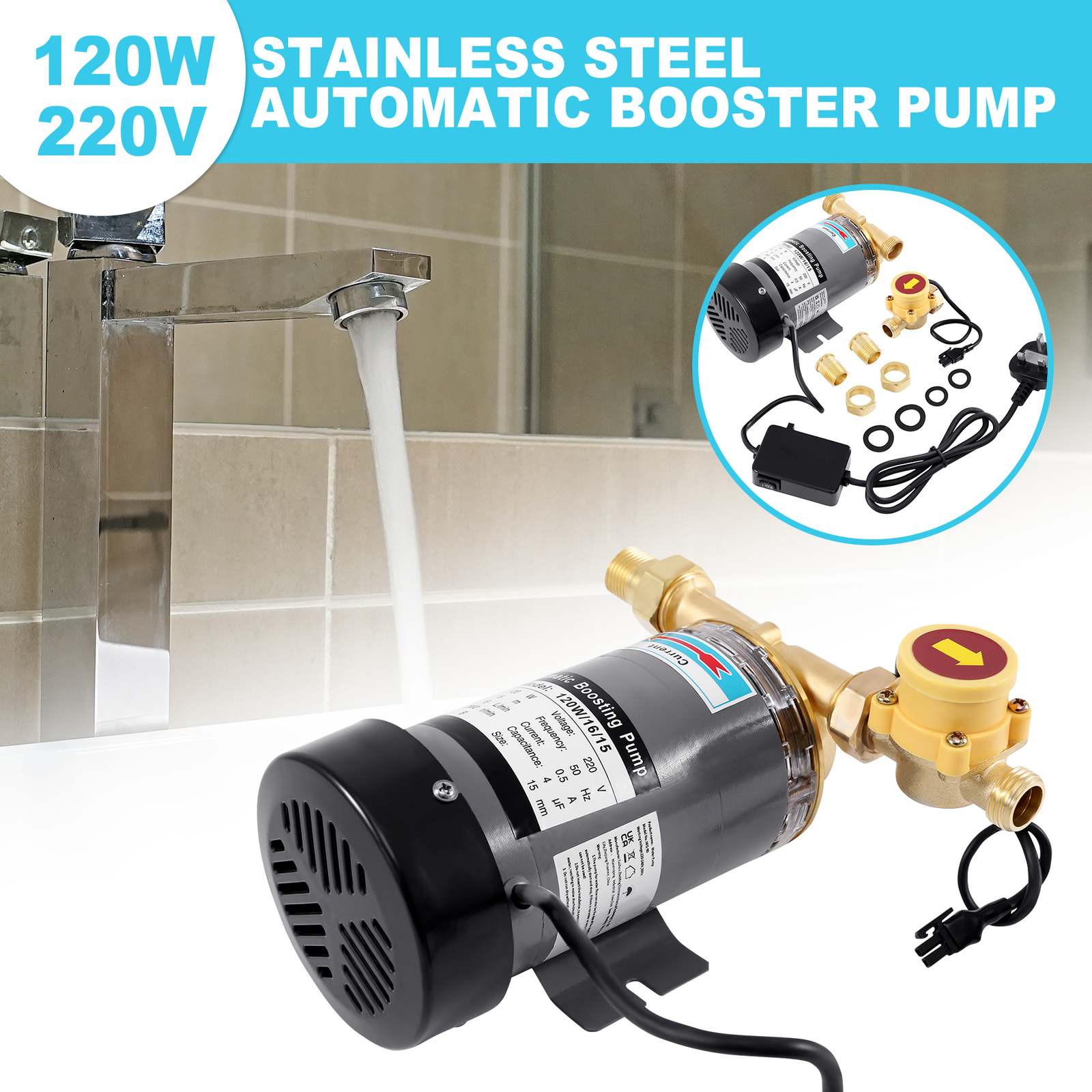 Hot Water Booster Mains Pressure Shower Pump 120W Electric Home Boost