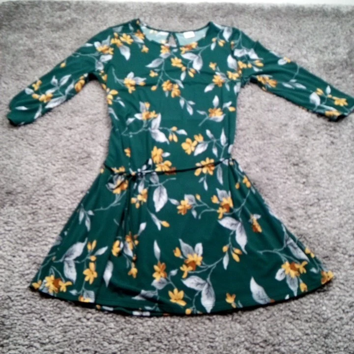 Kaileigh Womens Dress Size L Green Floral Scoop Neck 3/4 Sleeve Tie-Waist  NWOT