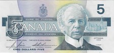 1986 Bank of Canada $5 Dollars Note - Bonin/Thiessen - GOB - AU/UNC