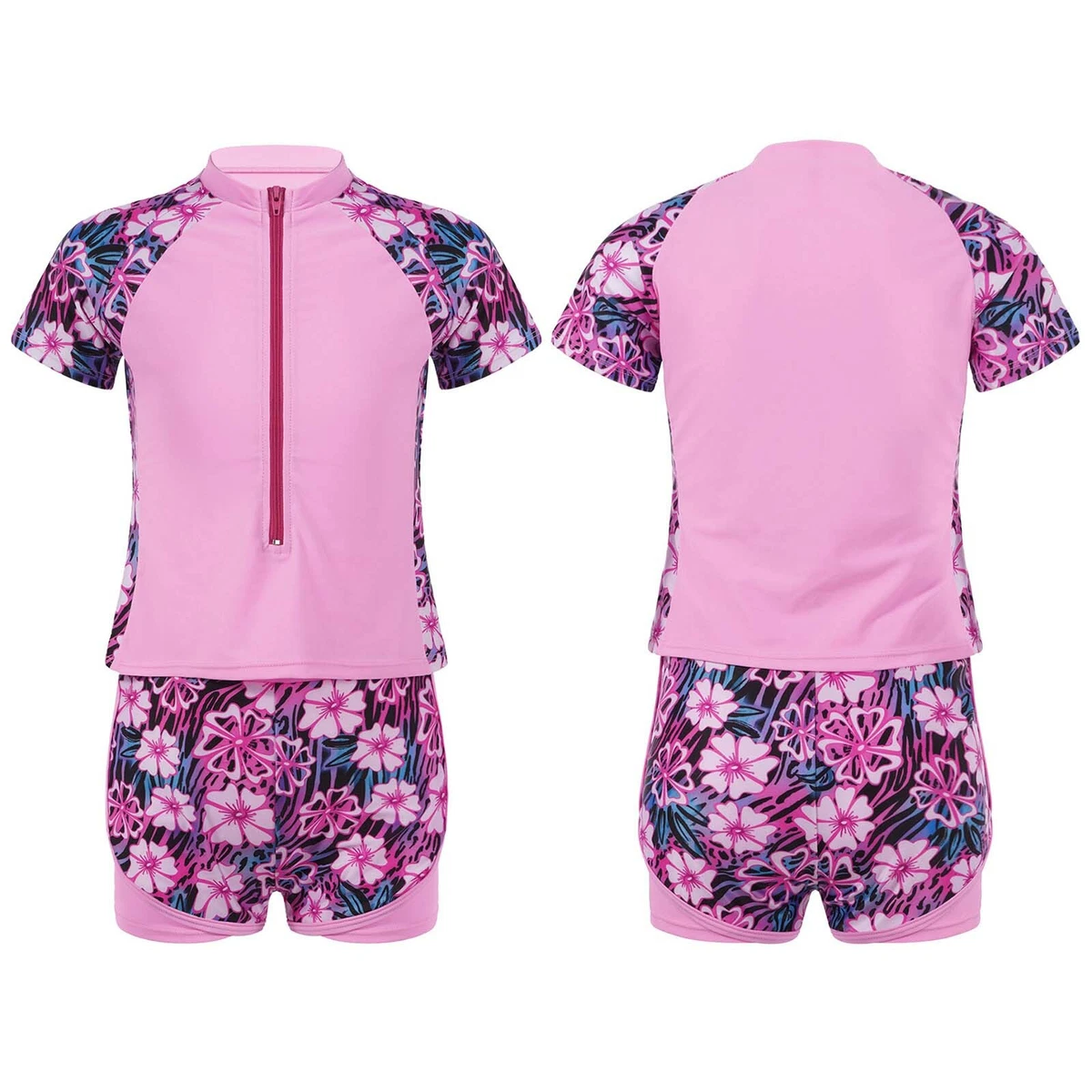 2Pcs Kid Girl Swimming Suit Front Zipper Closure Print Tops Shorts Sets Swimwear