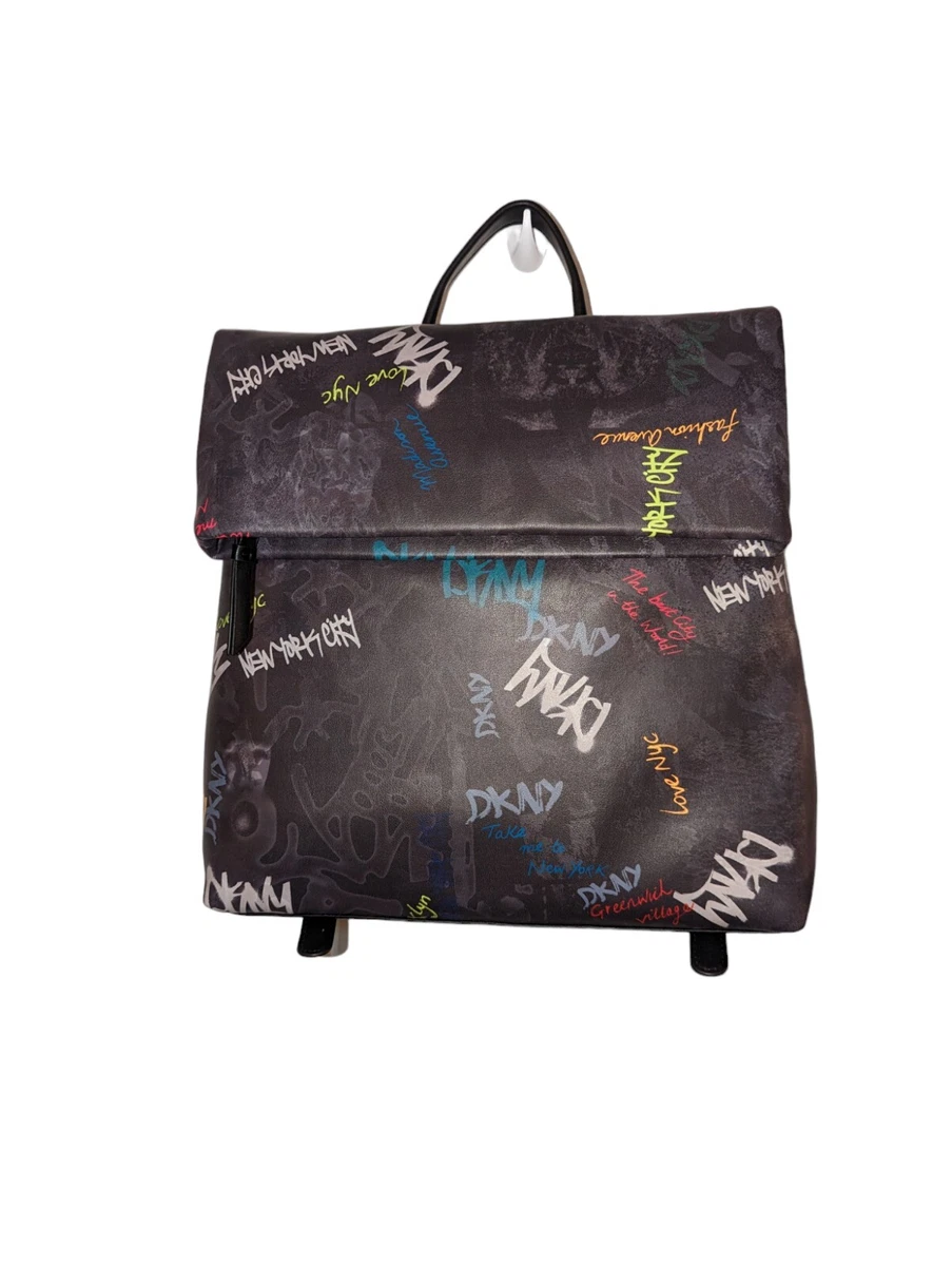 168 Retail DKNY NWT Tilly Medium Flap Backpack Bag NYC Graffiti Zip Magnetic