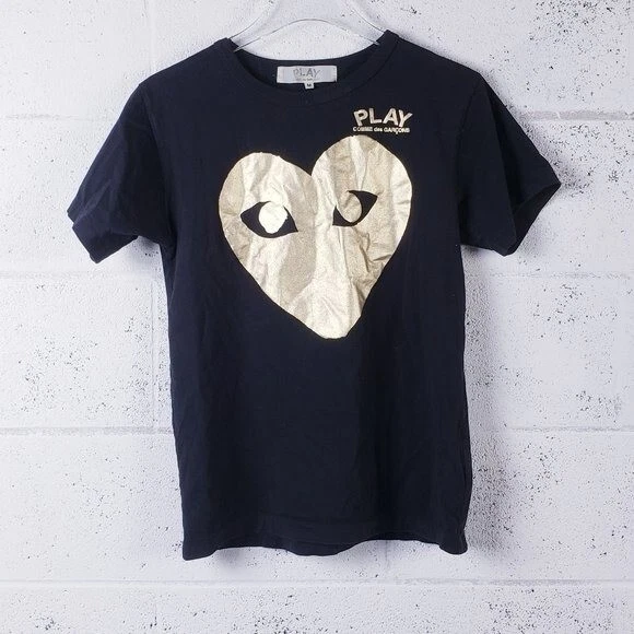 Play Comme des Garcons Medium Face Black Gold Foil Short Sleeve T- Shirt | eBay